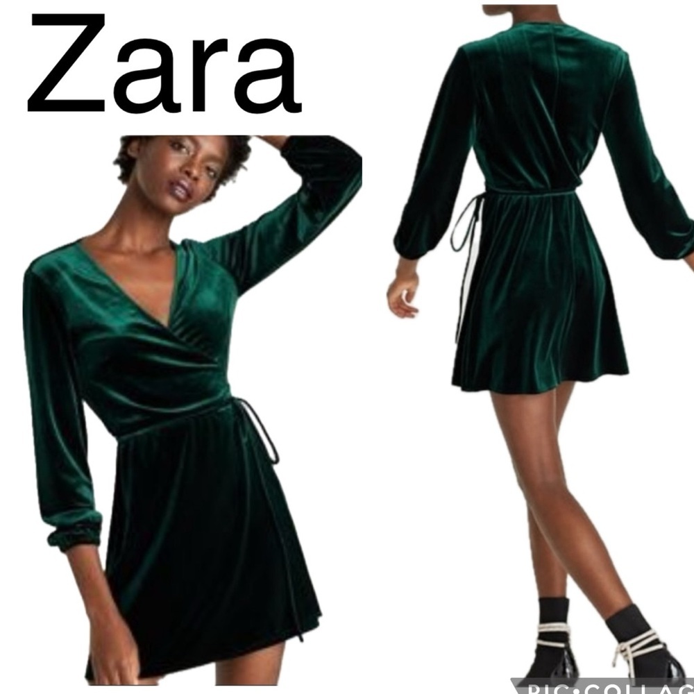 (B1) Zara Long-sleeved mini wrap dress in emerald green‎ velvet, size M